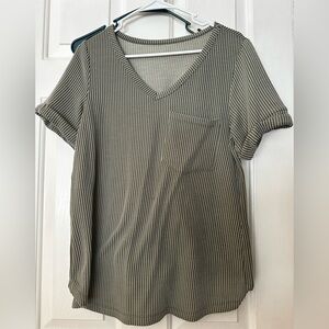 V-Neck Striped Pocket Short Sleeve Top - Olive
